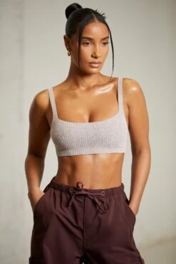 Curved Neck Crop Top In Mocha -Glam Dress Store 6540 6718 6 Chocolate Brown Knitted Bra Crop Top Cargo Trousers