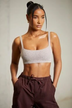 Curved Neck Crop Top In Mocha -Glam Dress Store 6540 6718 9 Chocolate Brown Knitted Bra Crop Top Cargo Trousers1