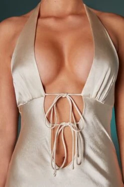 Halter Neck Fishtail Maxi Dress In Ivory -Glam Dress Store 6548 10 Ivory Halter Neck Fish Tale Dress With Split