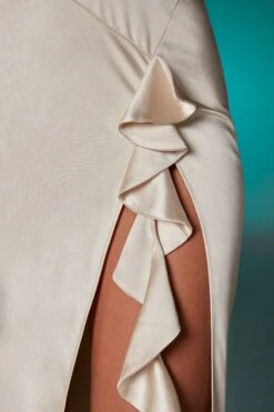 Halter Neck Cowl Back Maxi Dress In Ivory -Glam Dress Store 6550 7 Ivory Halterneck Dress With Frill And Back Cowl