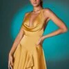 Halter Cowl Neck Mini Dress In Gold 2 Halter Cowl Neck Mini Dress In Gold -Glam Dress Store 6554 3 Gold Halterneck Cowl Neck Dress