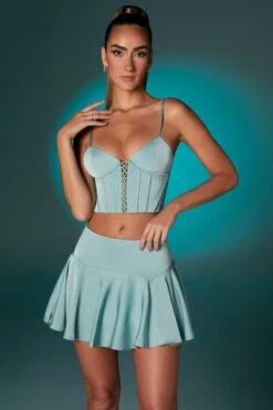Bias Cut Low Rise Satin Mini Skirt In Steel Blue -Glam Dress Store 6556 6557 4 Steel Blue Satin Corset Top Bias Cut Low Rise Mini Skirt a856208b 0e44 46fe a301 88fdfd869f85