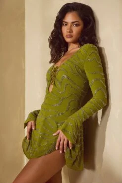 Long Sleeve Lace Up Mini Dress In Olive 23 Long Sleeve Lace Up Mini Dress In Olive -Glam Dress Store 6583 10 Olive Lace Up A Line Dress