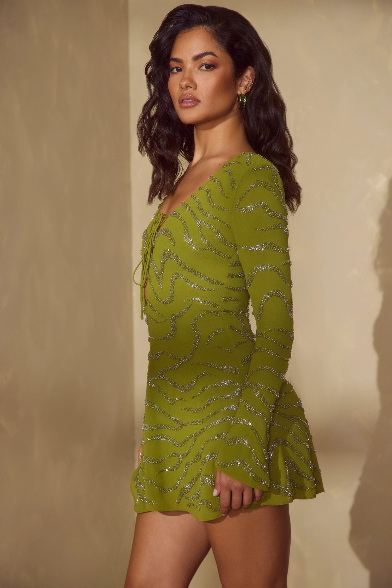 Long Sleeve Lace Up Mini Dress In Olive 5 Long Sleeve Lace Up Mini Dress In Olive - Image 3