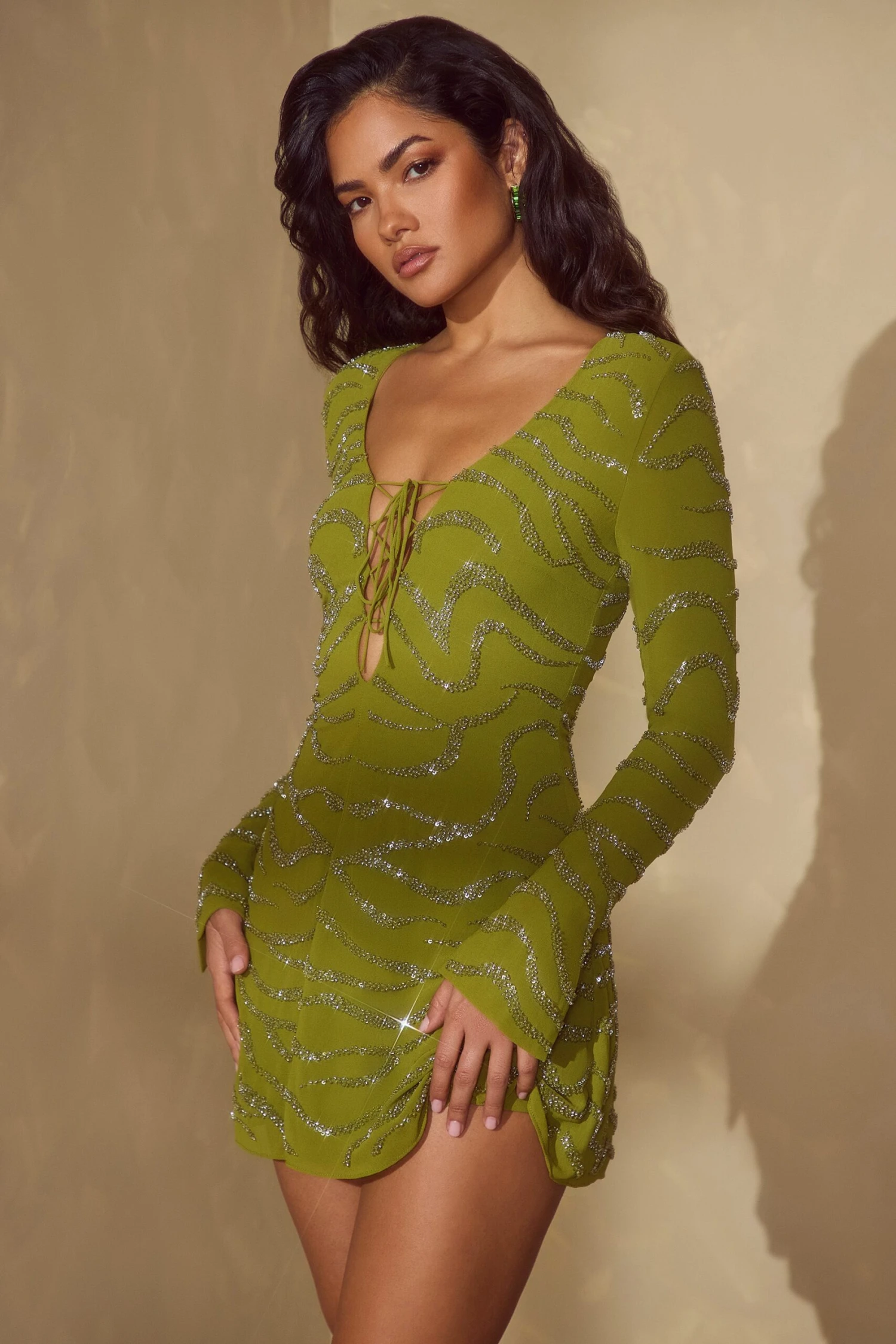 Long Sleeve Lace Up Mini Dress In Olive 9 Long Sleeve Lace Up Mini Dress In Olive - Image 7