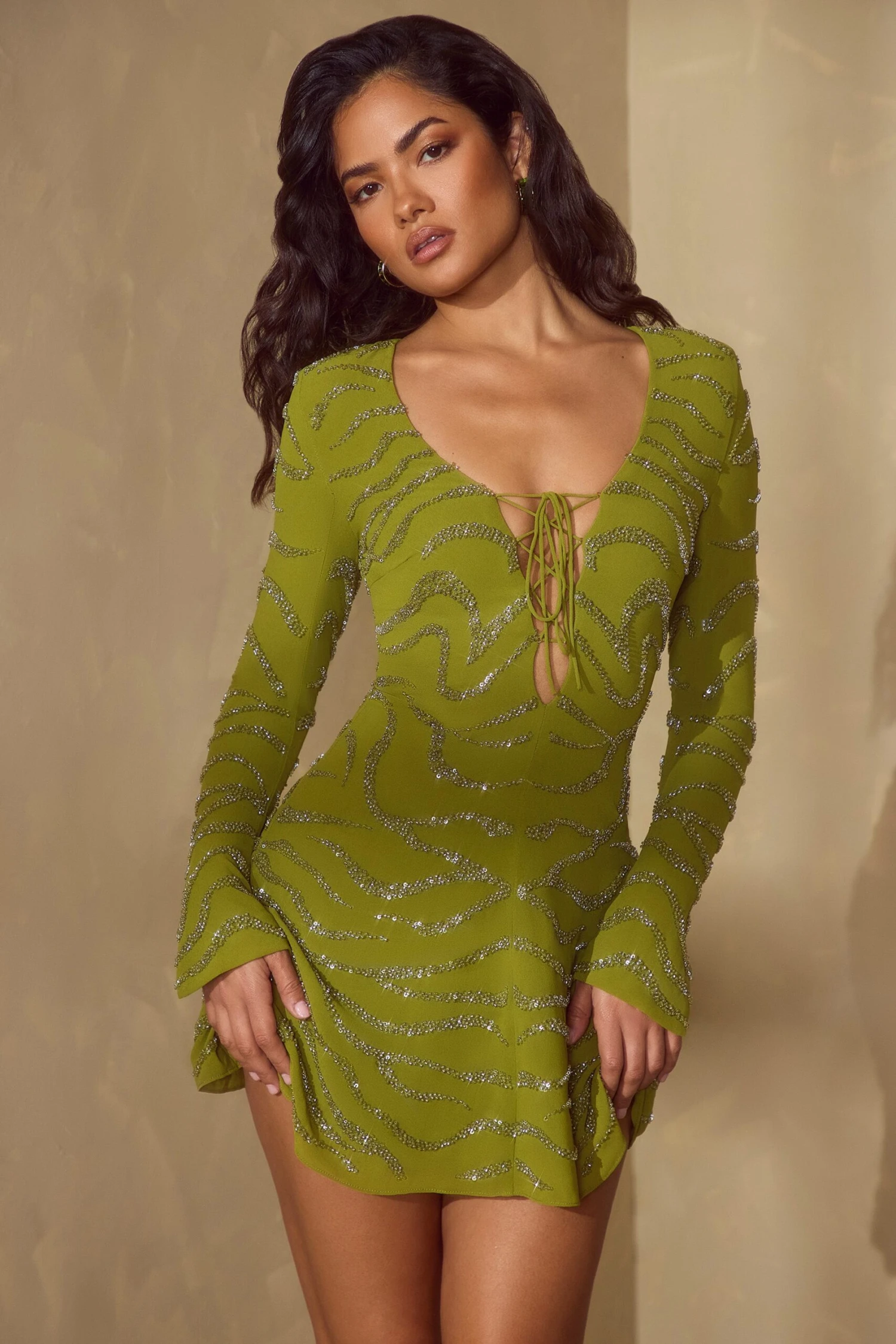 Long Sleeve Lace Up Mini Dress In Olive 10 Long Sleeve Lace Up Mini Dress In Olive - Image 8