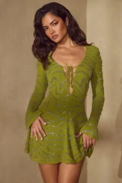 Long Sleeve Lace Up Mini Dress In Olive 21 Long Sleeve Lace Up Mini Dress In Olive -Glam Dress Store 6583 5 Olive Lace Up A Line Dress