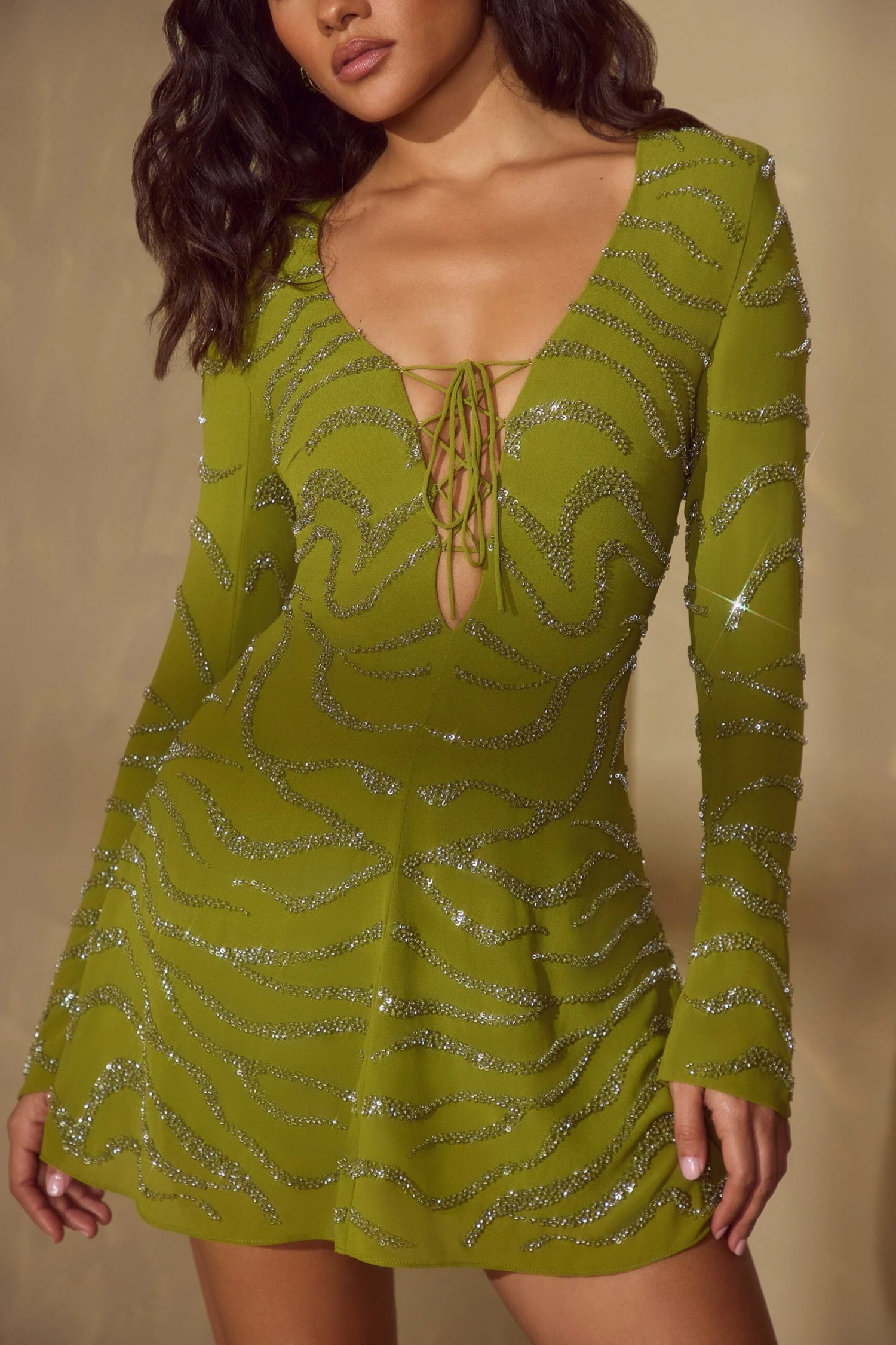 Long Sleeve Lace Up Mini Dress In Olive 8 Long Sleeve Lace Up Mini Dress In Olive - Image 6
