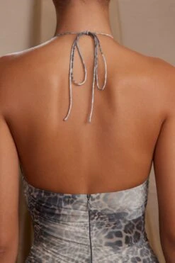 Halterneck Cut Out Maxi Dress In Grey Print 14 Halterneck Cut Out Maxi Dress In Grey Print -Glam Dress Store 6588 1 Etta Print Halterneck Cutout Hankerchief hem dress