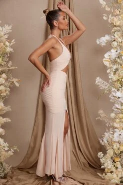 Halterneck Cut Out Maxi Dress In Cream -Glam Dress Store 6588 4 Etta Cream Halterneck Cutout Hankerchief hem dress