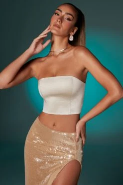 Satin Strapless Crop Top In Ivory -Glam Dress Store 6707 6715 11 Ivory Tube Top Gold Maxi Skirt With Split 933072e8 2a85 4cef 8f7f 61e207f8be1c