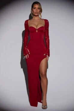 Embellished Side Split Maxi Dress In Red 15 Embellished Side Split Maxi Dress In Red -Glam Dress Store 6716 3 San Marino Red Maxi Dress With Split