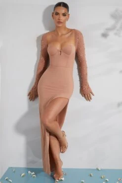 Embellished Side Split Maxi Dress In Beige -Glam Dress Store 6716 4 San Marino Beige Maxi Dress With Split