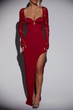 Embellished Side Split Maxi Dress In Red 12 Embellished Side Split Maxi Dress In Red -Glam Dress Store 6716 8 San Marino Red Maxi Dress With Split