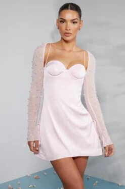 Long Sleeve Embellished A-line Mini Dress In Blush -Glam Dress Store 6717 1 Geneva Blush Ruching Detail Dress