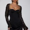 Long Sleeve Embellished A-line Mini Dress In Black -Glam Dress Store 6717 2 Geneva Black Wrap Over Skirt with Split