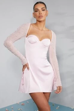 Long Sleeve Embellished A-line Mini Dress In Blush -Glam Dress Store 6717 2 Geneva Blush Ruching Detail Dress