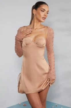 Long Sleeve Embellished A-line Mini Dress In Beige -Glam Dress Store 6717 3 Geneva Biege Ruching Detail Dress