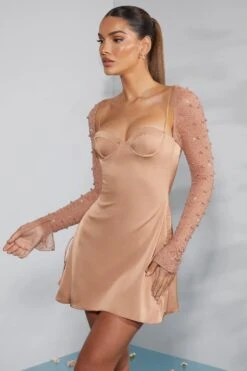 Long Sleeve Embellished A-line Mini Dress In Beige -Glam Dress Store 6717 4 Geneva Biege Ruching Detail Dress