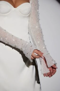 Long Sleeve Embellished A-line Mini Dress In White 15 Long Sleeve Embellished A-line Mini Dress In White -Glam Dress Store 6717 4 Geneva White Wrap Over Skirt with Split