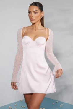 Long Sleeve Embellished A-line Mini Dress In Blush -Glam Dress Store 6717 5 Geneva Blush Ruching Detail Dress