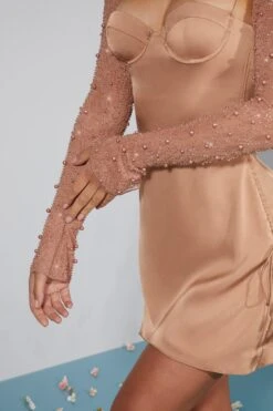 Long Sleeve Embellished A-line Mini Dress In Beige -Glam Dress Store 6717 6 Geneva Biege Ruching Detail Dress