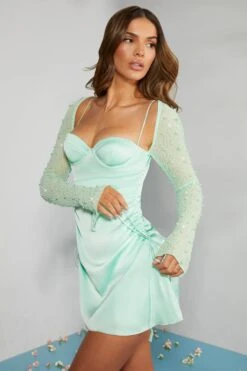 Long Sleeve Embellished A-line Mini Dress In Mint -Glam Dress Store 6717 6 Geneva Mint Ruching Detail Dress 1