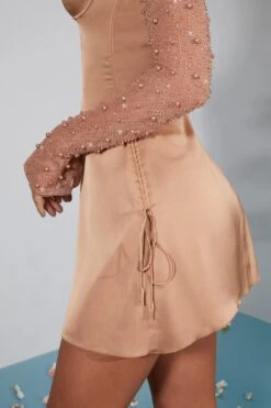 Long Sleeve Embellished A-line Mini Dress In Beige -Glam Dress Store 6717 7 Geneva Biege Ruching Detail Dress