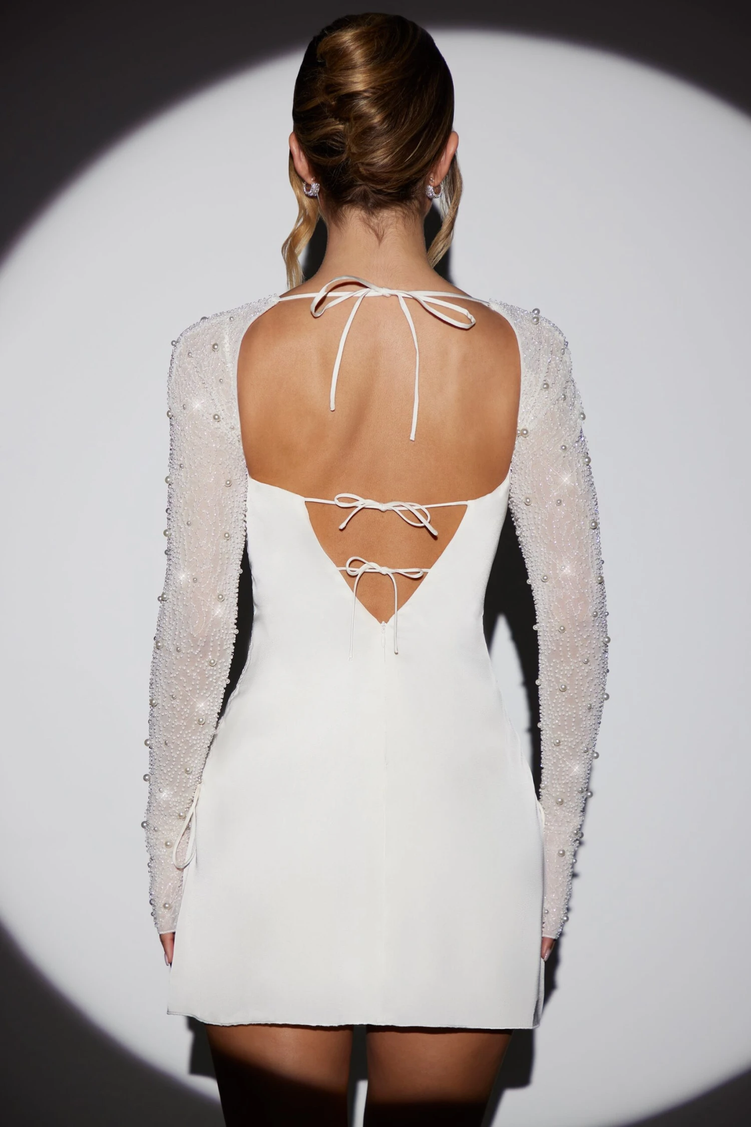 Long Sleeve Embellished A-line Mini Dress In White 4 Long Sleeve Embellished A-line Mini Dress In White - Image 2