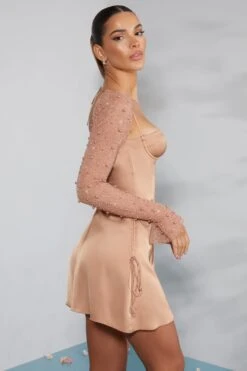 Long Sleeve Embellished A-line Mini Dress In Beige -Glam Dress Store 6717 8 Geneva Biege Ruching Detail Dress