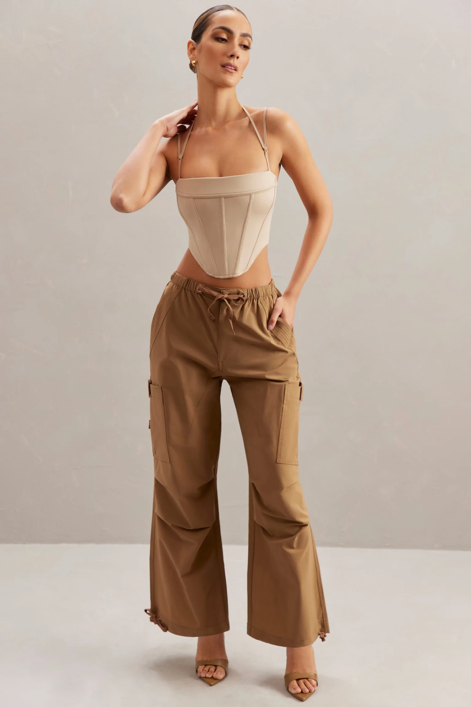 Petite Wide Leg Cargo Trousers In Tan - Image 5