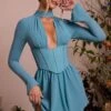 Long Sleeve Plunge Neck Mini Dress In Teal -Glam Dress Store 6724 10 Joelene Teal Plunge Ruched A Line Mini Dress