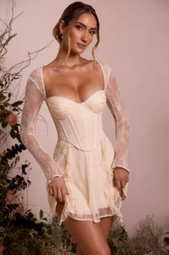 Long Sleeve Lace Corset Mini Dress In Ivory 19 Long Sleeve Lace Corset Mini Dress In Ivory -Glam Dress Store 6729 3 Ninette Ivory Lace Long Sleeve Mini Dress
