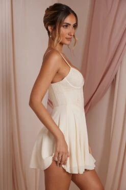 Plunge Neck Lace Corset Mini Dress In Ivory -Glam Dress Store 6730 5 Elodie Ivory Lace Plunge Mini Dress
