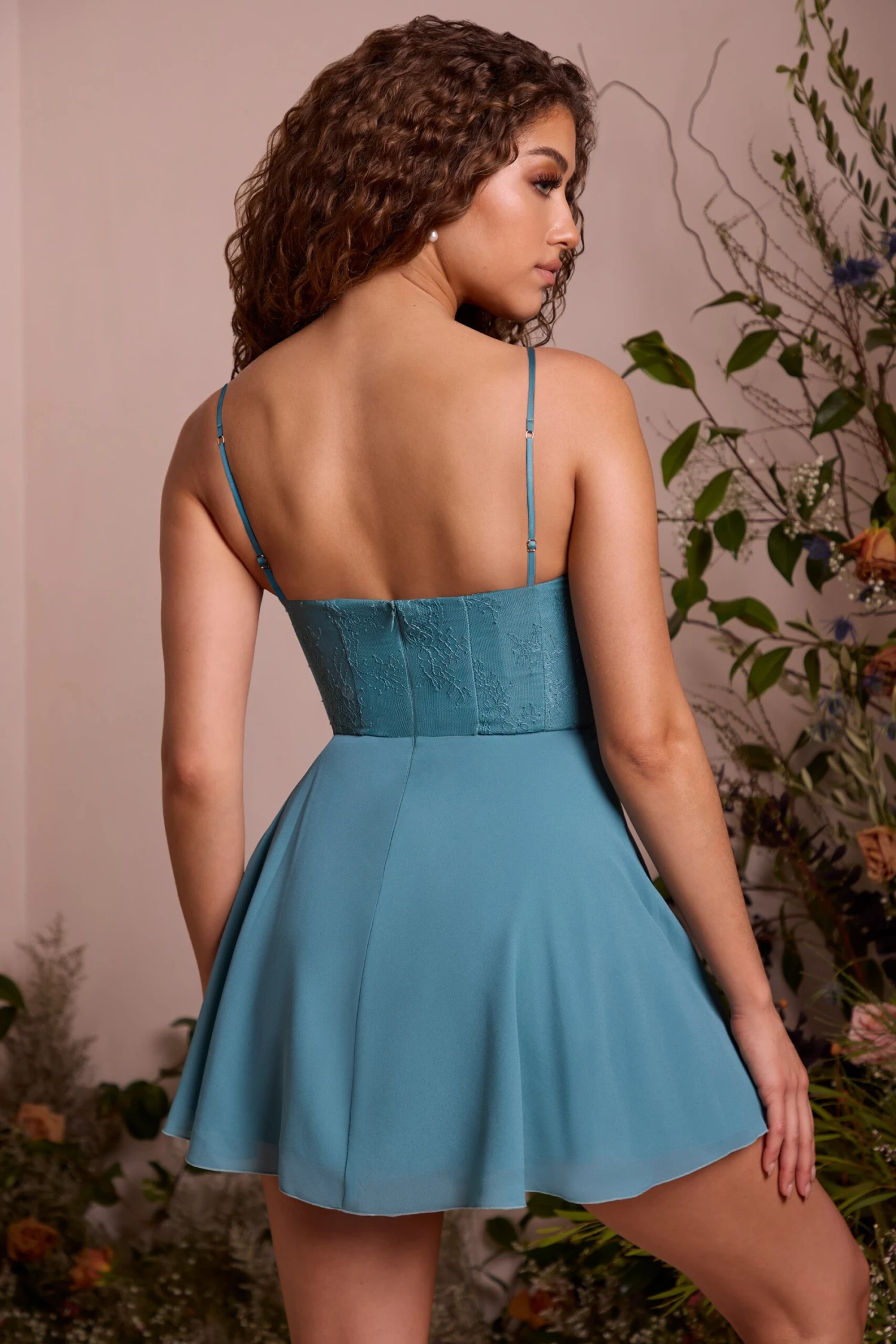 Plunge Neck Lace Corset Mini Dress In Teal 4 Plunge Neck Lace Corset Mini Dress In Teal - Image 2
