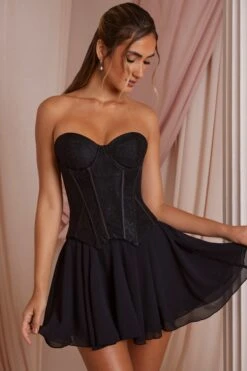 Strapless Lace Corset Mini Dress In Black -Glam Dress Store 6731 3 Chloe Black Strapless Lace Corset Circle Skirt Mini Dress