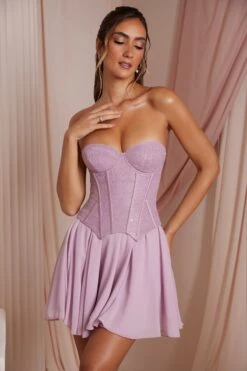 Strapless Lace Corset Mini Dress In Dusty Pink -Glam Dress Store 6731 4 Chloe Dusty Pink Strapless Lace Corset With Circle Skirt Mini Dress
