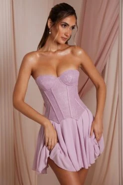 Strapless Lace Corset Mini Dress In Dusty Pink -Glam Dress Store 6731 5 Chloe Dusty Pink Strapless Lace Corset With Circle Skirt Mini Dress