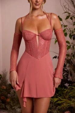 Lace Sleeve A-Line Mini Dress In Terracotta -Glam Dress Store 6732 4 Maelle Terracotta Ots Low Plunge A Line Mini