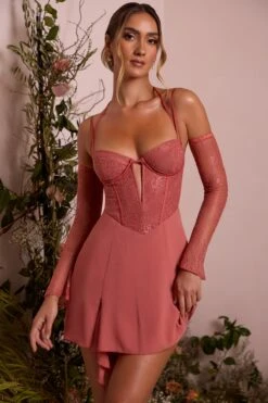 Lace Sleeve A-Line Mini Dress In Terracotta -Glam Dress Store 6732 5 Maelle Terracotta Ots Low Plunge A Line Mini