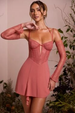 Lace Sleeve A-Line Mini Dress In Terracotta -Glam Dress Store 6732 6 Maelle Terracotta Ots Low Plunge A Line Mini