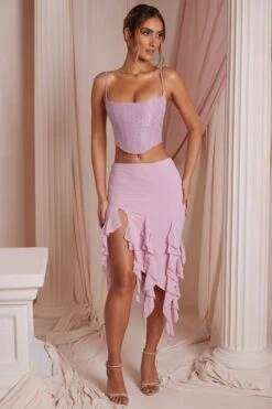 Waterfall Frill Midaxi Skirt In Dusty Pink 14 Waterfall Frill Midaxi Skirt In Dusty Pink -Glam Dress Store 6737 6759 2 Thea Waterfall Frill Split Maxi Skirt Lena Corset Top