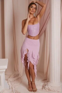 Waterfall Frill Midaxi Skirt In Dusty Pink 18 Waterfall Frill Midaxi Skirt In Dusty Pink -Glam Dress Store 6737 6759 6 Thea Waterfall Frill Split Maxi Skirt Lena Corset Top