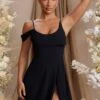 Draped Neck A-Line Mini Dress In Black -Glam Dress Store 6743 1 Aspen Black Fold Over Neck Line Mini Dress