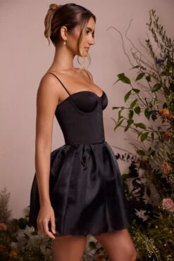Tulle Skirt Corset Mini Dress In Black -Glam Dress Store 6754 7 Floriane Black Satin Corset With Lace Trim And Tulle Skirt
