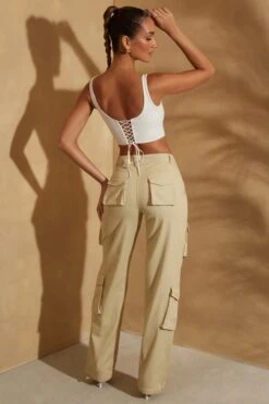Scoop Neck Lace Up Back Crop Top In White -Glam Dress Store 6757 5841 9 Sage Cargo Trousers White Crop Top With Lace Up Back