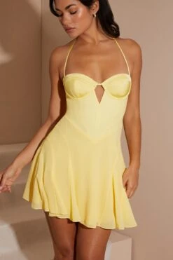 Halter Neck Cut Out Flare Mini Dress In Yellow -Glam Dress Store 6771 7 Yellow V Cut Panelled Mini Dress
