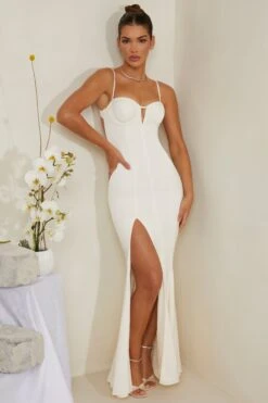 Cut Out Fishtail Maxi Dress In White -Glam Dress Store 6772 5 White V Cut Out Fishtail Maxi Dress