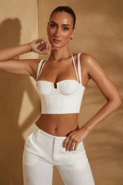 Gathered Bust Linen Crop Top In White