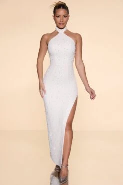 Embellished High Neck Split Maxi Dress In Ivory